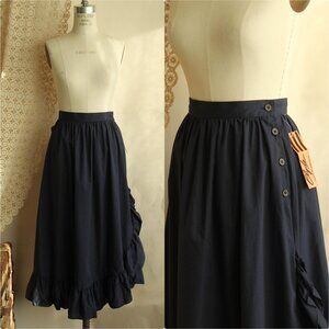 Vintage 1970s 1980s Skirt, NWT Clyde Navy Blue with Ruffle Hem and Side Buttons